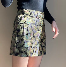 Load image into Gallery viewer, Sale: Black + Gold Silk Brocade Leaf Mini Skirt
