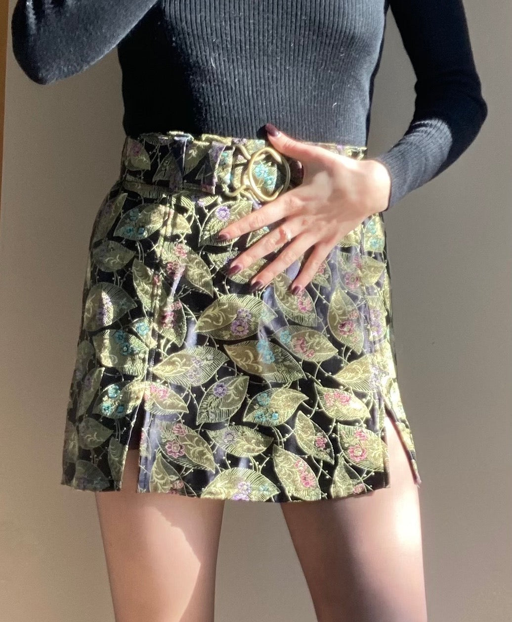 Sale: Black + Gold Silk Brocade Leaf Mini Skirt